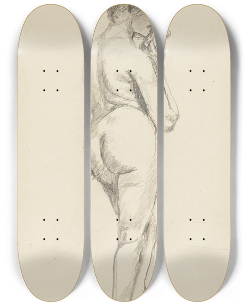 Triptych art skateboard deck of Adolf Sternschuss Akt Stojcej Kobiety Z Uniesionymi Domi by Adolf Sternschuss (1873-1915)