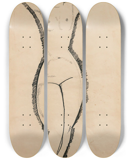 Triptych art skateboard deck of Amedeo Modigliani Nu De Face Bras Levs by Amedeo Modigliani (1884-1920)
