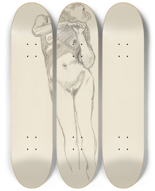 Triptych art skateboard deck of Adolf Sternschuss Akt Stojcej Kobiety Z Pochylon Gow by Adolf Sternschuss (1873-1915)