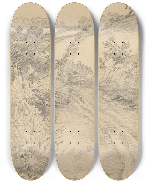 Triptych art skateboard deck of George Richmond A Bushy Lane With A Field Beyond by George Richmond (1809-1896)