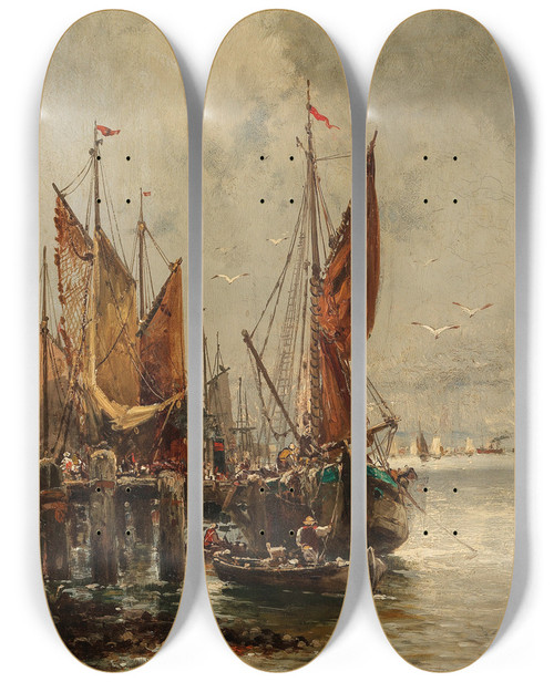 Triptych art skateboard deck of Adolf Kaufmann A Lively Scene In The Harbour by Adolf Kaufmann (1848-1916)