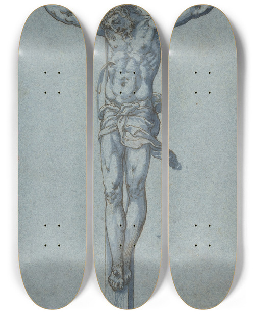 Triptych art skateboard deck of Diego Lopez De Escuriaz The Crucified Christ by Diego Lopez De Escuriaz (1623)