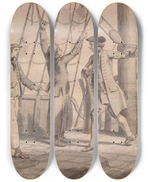 Triptych art skateboard deck of Samuel Wale The Murder Of Kenith Hossack By Captain Lowry by Samuel Wale (1721-1786)