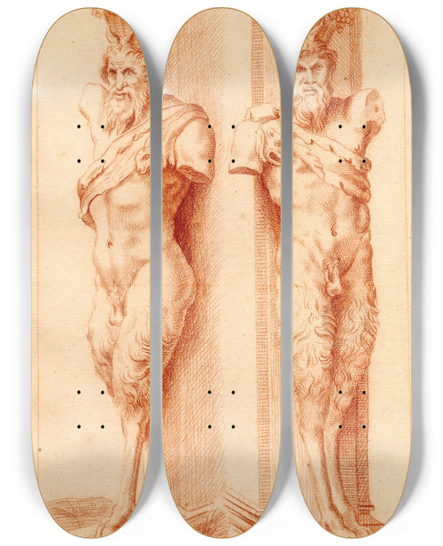 Triptych art skateboard deck of Cornelis Pronk Twee Beelden Van Een Satyr by Cornelis Pronk (1691-1759)