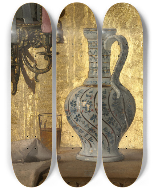 Triptych art skateboard deck of Otto Henry Bacher Pitcher And A Glass On A Table by Otto Henry Bacher (1856-1909)