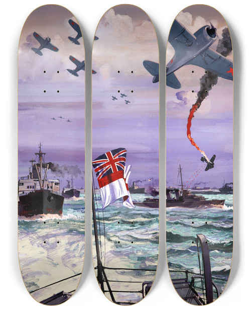 Triptych art skateboard deck of Frederick Donald Blake Arms For Russia A Great Convoy Of British Ships Escorted By Soviet Fighters Sails Into Murmansk Harbour With Vital Supplies For The Red Army by Frederick Donald Blake (1908-1997) Triptych art skateboard deck of Frederick Donald Blake Arms For Russia A Great Convoy Of British Ships Escorted By Soviet Fighters Sails Into Murmansk Harbour With Vital Supplies For The Red Army by Frederick Donald Blake (1908-1997)