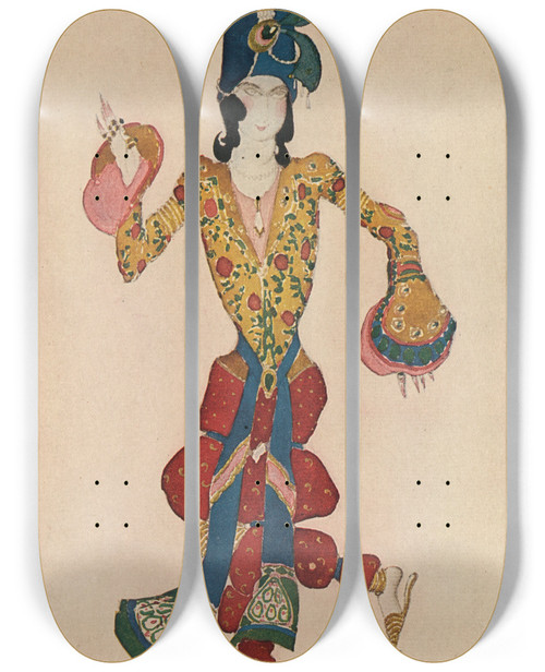 Triptych art skateboard deck of Lon Bakst Adolescent In Schhrazade by Leon Bakst (1866-1924)