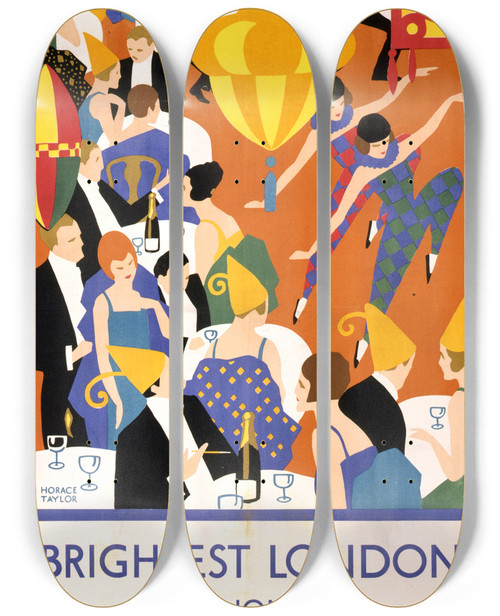 Triptych art skateboard deck of Horace Taylor Brightest London And Home By Underground by Horace Taylor (1881-1934)