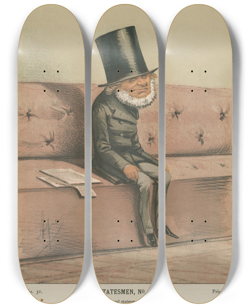 Triptych art skateboard deck of Carlo Pellegrini Prime Minsters The Greatest Liberal Stateman Of Modern Times Earl Russell 5 June 1869 by Carlo Pellegrini (1839-1889)