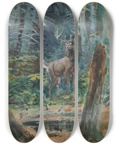 Triptych art skateboard deck of Charles Marion Russell Deer In The Dell by Charles Marion Russell (1864-1926)