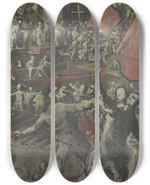 Triptych art skateboard deck of Domenico Tintoretto Venetian Soldiers Attacking Constantinople Recto by Domenico Tintoretto (1560-1635)