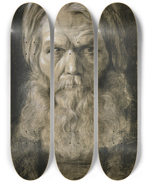 Triptych art skateboard deck of Victor Mller Brtiger Alter Mann Mit Ppigem Haupthaar In Vorderansicht Den Blick Nach Rechts Gerichtet by Victor Muller (1829-1871)