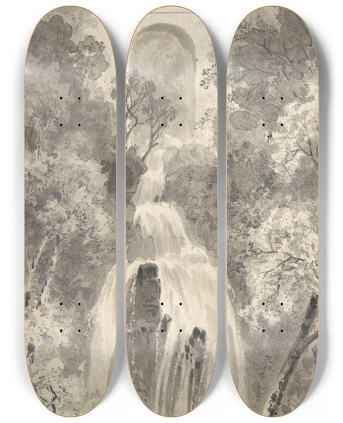 Triptych art skateboard deck of David Octavius Hill View Of A Waterfall by David Octavius Hill (1802-1870)