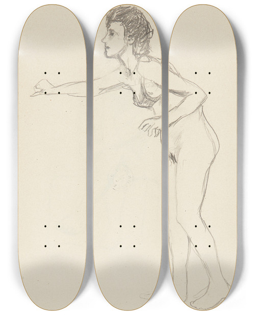 Triptych art skateboard deck of Adolf Sternschuss Akt Stojcej Pochylonej Kobiety Z Wycignit Przed Siebie Praw Rk by Adolf Sternschuss (1873-1915)