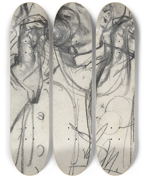 Triptych art skateboard deck of Adolph Von Menzel Studies Of A Man Drinking by Adolph Von Menzel (1815-1905)
