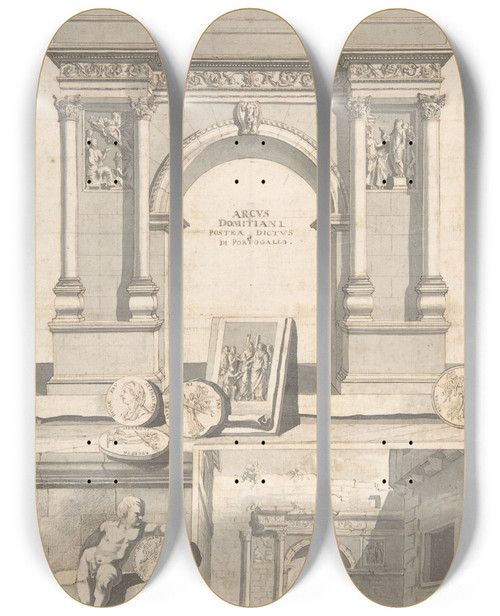 Triptych art skateboard deck of Jan Goeree A Reconstruction Of The Arch Of Domitian Above And View The Ruins Below by Jan Goeree (1670-1731)