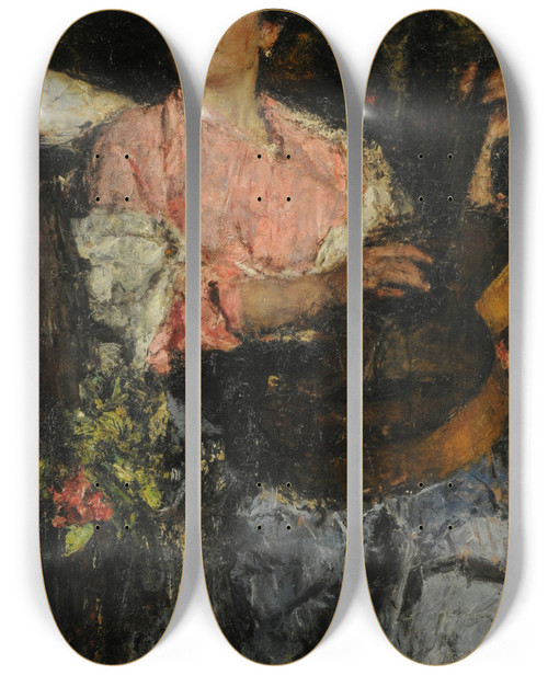 Triptych art skateboard deck of Antonio Mancini Happy Song by Antonio Mancini (1852-1930)