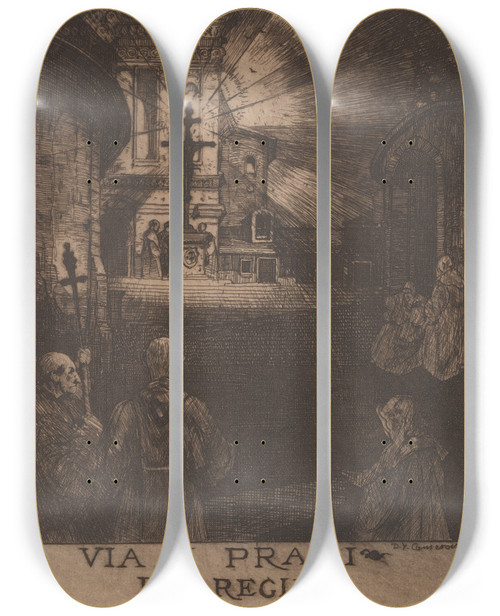 Triptych art skateboard deck of David Young Cameron Via Ai Prati Genoa by David Young Cameron (1865-1945)