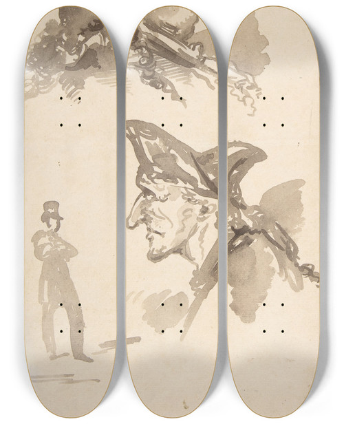 Triptych art skateboard deck of Jeanbaptiste Isabey Two Male Heads In Profile And Standing Man by Jean-Baptiste Isabey (1767-1855)