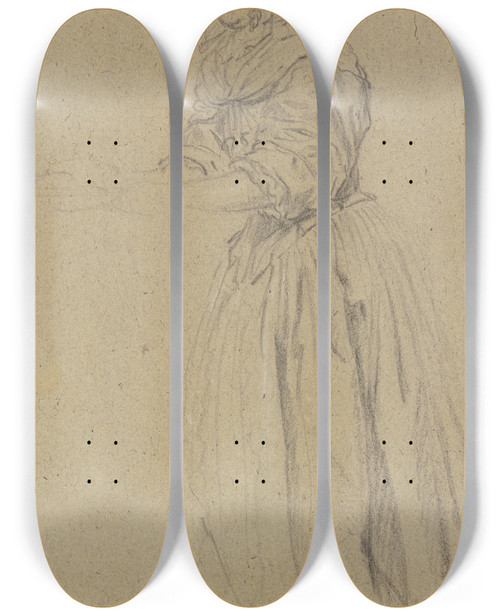 Triptych art skateboard deck of Gabriel Metsu Servierende Oder Sich Die Hnde Waschende Frau Nach Links by Gabriel Metsu (1629-1667)
