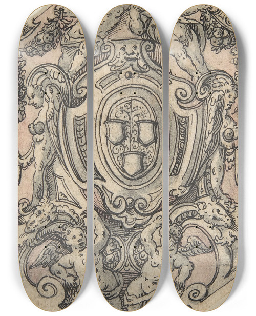 Triptych art skateboard deck of Tobias Stimmer Design For A Coat Of Arms With Putti Holding Garlands by Tobias Stimmer (1539-1584)