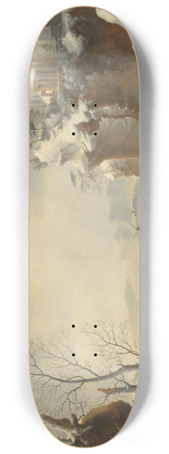 Francesco Foschi - A snowy landscape with travellers by a river 8.25 inch art skate deck