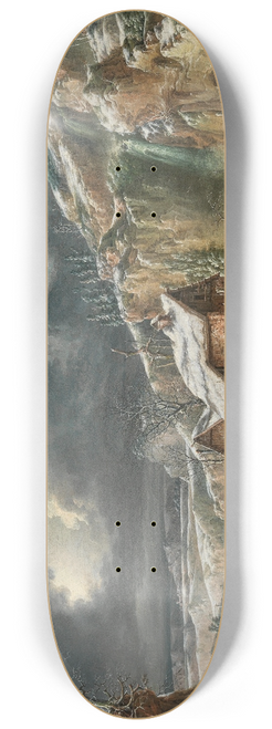 Francesco Foschi - A winter landscape with travellers by a river 8.25 inch art skate deck