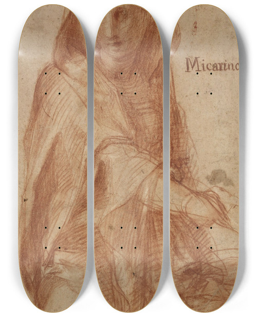 Triptych art skateboard deck of Pontormo Jacopo Carucci Female Figure With Covered Head Study For A Figure In The Fresco Of The Visitation In Santissima Annunziata by Pontormo (Jacopo Carucci) (1494-1557)