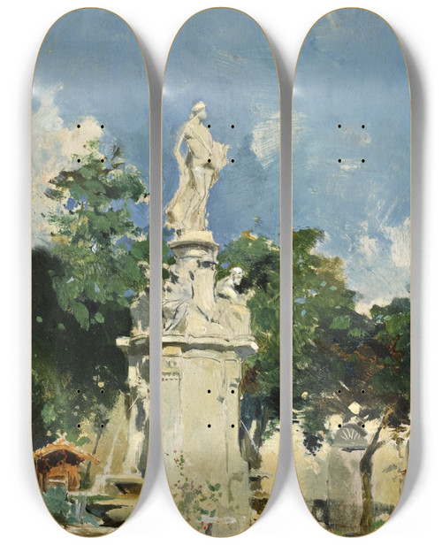 Triptych art skateboard deck of Joaqun Sorolla The Fountain Of Apollo Madrid by Joaquin Sorolla (1863-1923)