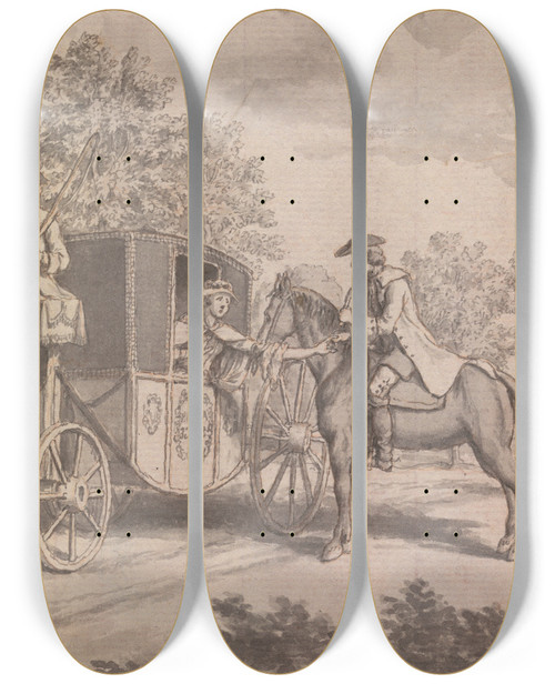 Triptych art skateboard deck of Samuel Wale An Illustration To The Newgate Calendar Raby Finding A Womans Ring Difficult To Be Pulled Off Cut Off Her Finger Near Finchley by Samuel Wale (1721-1786)