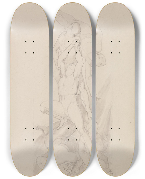 Triptych art skateboard deck of John Flaxman But Deliver Us From Evil by John Flaxman (1755-1826)
