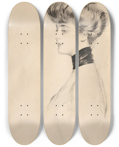 Triptych art skateboard deck of Paul Csar Helleu Portrait De Femme Avec Un Tour De Cou Noir by Paul Cesar Helleu (1859-1927)