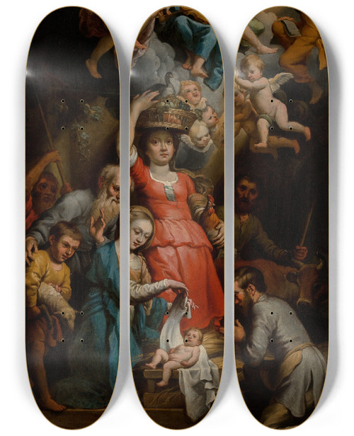 Triptych art skateboard deck of School Of Theodoor Van Loon The Adoration Of The Shepherds by School Of Theodoor Van Loon (1581-1649)