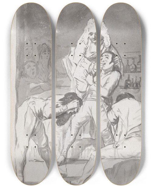 Triptych art skateboard deck of Francisco De Goya A Charlatan Extracting A Tooth From A Patients Mouth Figure In The Foreground Vomiting by Francisco de Goya (1746-1828)