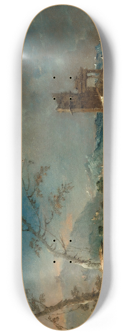 Francesco Guardi - A capriccio of a rustic tower beside a lake 8.25 inch art skate deck