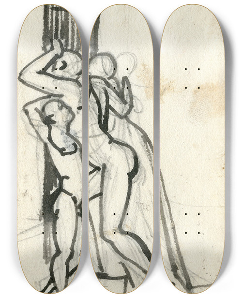 Triptych art skateboard deck of David Humbert De Superville Drie Merkwaardige Gestalten Verdringen Zich Bij Een Deur by David Humbert De Superville (1770-1849)