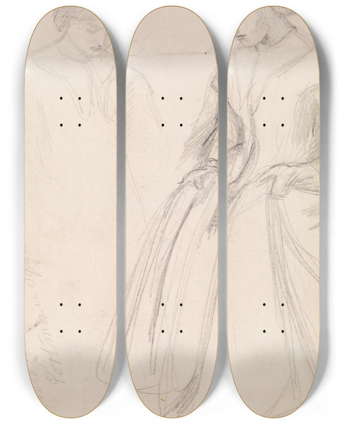 Triptych art skateboard deck of Sir John Everett Millais Female Sketches Of A Girl Holding Her Skirt by Sir John Everett Millais (1829-1896)