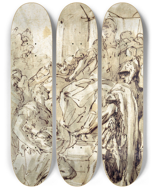 Triptych art skateboard deck of Sebastiano Ricci David Declines King Sauls Weapons by Sebastiano Ricci (1659-1734)