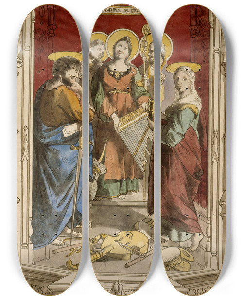 Triptych art skateboard deck of Prosper Lafaye Assemble De Saints Dans Un Dcor Darchitecture by Prosper Lafaye (1806-1883)