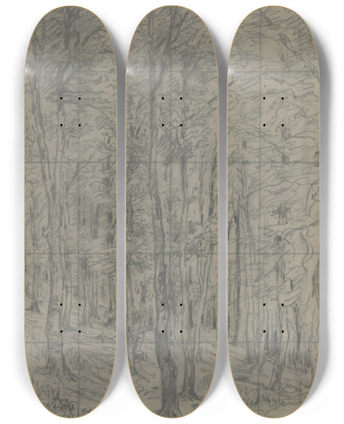 Triptych art skateboard deck of Jakob Maurer Saplings On A Slope by Jakob Maurer (1826-1887)