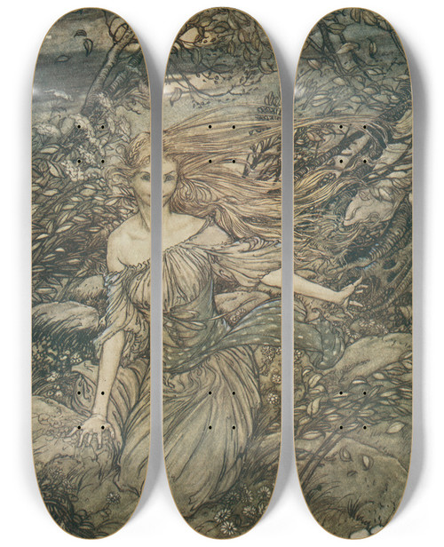 Triptych art skateboard deck of Arthur Rackham He Saw By The Moonlight Momentarily Unveiled A Little Island Encircled By The Flood And There Under The Branches Of The Overhanging Trees Was Undine by Arthur Rackham (1867-1939)