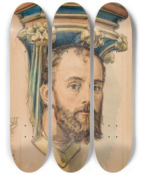 Triptych art skateboard deck of Jan Matejko Console In The Shape Of A Male Head Portrait Of T Stryjeski by Jan Matejko (1838-1893)