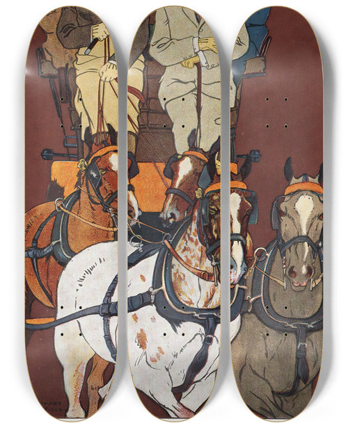 Triptych art skateboard deck of Edward Penfield Five Men Riding In A Carriage Drawn By Four Horses by Edward Penfield (1866-1925)
