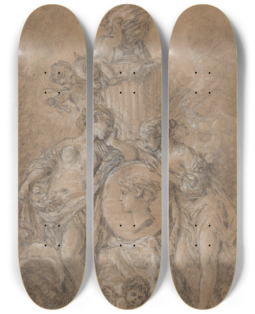 Triptych art skateboard deck of Franois Boucher Design For A Funeral Monument by Francois Boucher (1703-1770)