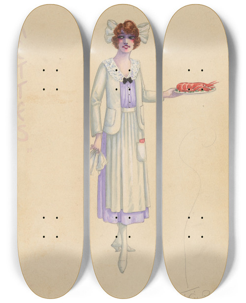 Triptych art skateboard deck of Will R Barnes Waiterettes by Will R Barnes (1939)