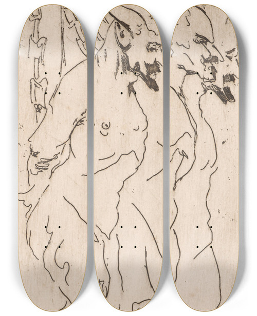 Triptych art skateboard deck of Jacek Malczewski Satires A Caricature Of Malczewski Wyczkowski And Axentowicz Based On A Drawing By Jacek Malczewski by Jacek Malczewski (1854-1929)