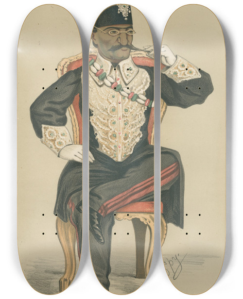 Triptych art skateboard deck of Leslie Matthew Ward Royalty He Endowed Persia With A National Debt Nassareddin The Shah Of Persia July 5 1873 by Leslie Matthew Ward (1851-1922)