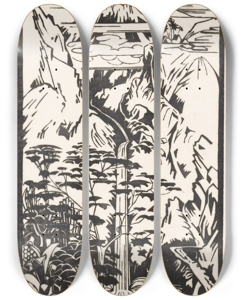 Triptych art skateboard deck of Johannes Frederik Engelbert Ten Klooster Helling Merapi_1 by Johannes Frederik Engelbert Ten Klooster (1873-1940)