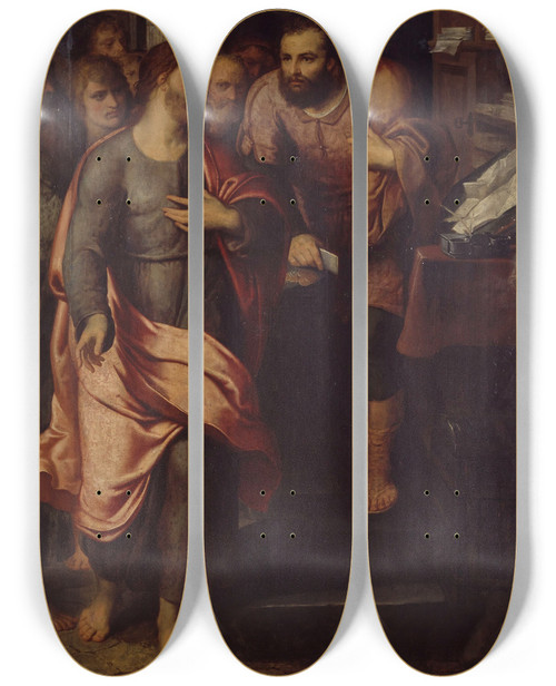 Triptych art skateboard deck of Otto Van Veen The Calling Of Matthew by Otto van Veen (1556-1629)