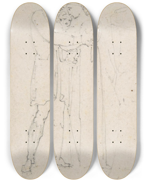 Triptych art skateboard deck of Heinrich Friedrich Fger Man Embracing Woman With Child In Her Arms by Heinrich Friedrich Fger (1751-1818)